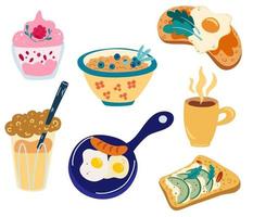 gesunde frühstücksmahlzeiten eingestellt. verschiedene leckere Produkte und Heißgetränke. vektor