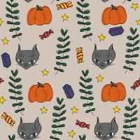 süßes muster mit doodles katze süßigkeiten kürbis sterne halloween nahtlos vektor