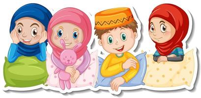 eine Stickervorlage mit muslimischen Kindern im Pyjamakostüm vektor