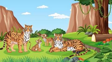Tigerfamilie im Wald tagsüber Szene vektor