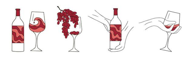 Wein Flasche, Glas und Trauben isoliert auf Weiß. Vektor Illustration. Vektor Abbildungv