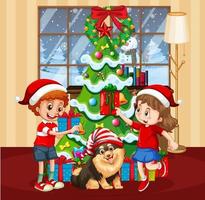 Weihnachts-Innenszene mit vielen Kindern und niedlichen Hunden vektor