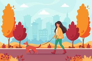 Frau mit Hund im Herbstpark spazieren. Außenaktivität vektor