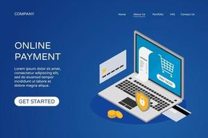 Online-Zahlungszielseiten-Website-Designvorlage auf blauem Hintergrund vektor