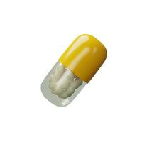3d framställa lång vinkel gul piller. realistisk plast behandling. medicin vård läsplatta. apotek kemisk bota, läkemedel, antibiotikum, vitamin, smärtstillande medel. vektor illustration handla om hälsa i plast stil