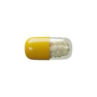 3d framställa horisontell lång gul piller. realistisk plast behandling. medicin vård läsplatta. apotek kemisk bota, läkemedel, antibiotikum, vitamin, smärtstillande medel. vektor illustration handla om hälsa plast stil