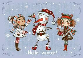 Hej vinter. söt flickor med en rolig snögubbe. segrare. vektor