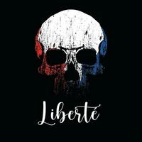 liberte. T-Shirt Design von ein Schädel mit Blau, Weiß und rot Farben und Handbuch Typografie auf ein schwarz Hintergrund. ironisch Illustration Über das Werte von das Französisch Revolution. vektor