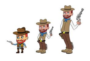 Cowboy-Männer groß bis klein halten Pistole Cartoon-Figur vektor