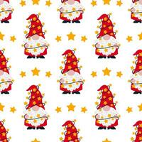 süß Weihnachten Gnom nahtlos Vektor Muster. ein komisch grau haarig Elf mit ein Bart hält ein Girlande mit Sterne, Urlaub Beleuchtung. Santa claus Helfer im ein Strumpf Deckel, rot Anzug. eben Karikatur Hintergrund