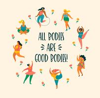 Körper positiv Happy Plus Size Girls und aktiver Lebensstil. vektor