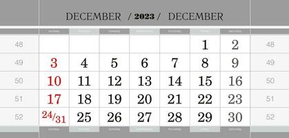 dezember 2021 vierteljährlicher kalenderblock. Wandkalender in Englisch, Woche beginnt am Sonntag. vektor