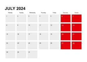 2024 Juli Planer Kalender Design. Woche beginnt von Montag. vektor