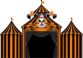 Halloween-Zirkus mit schwarzen und orangen Streifen und bösem Clown vektor