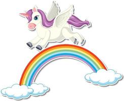 süße Einhorn Sticker mit einem Pegasus der über den Regenbogen fliegt vektor