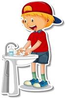 eine Aufklebervorlage mit einem Jungen, der sich die Hände mit Seife wäscht vektor