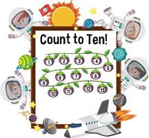 Zählen Sie bis zehn Nummernschilder mit vielen Kindern im Astronautenkostüm vektor
