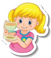 Aufklebermädchen hält eine Tasse Tee-Cartoon-Figur vektor
