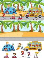 olika strandscener med doodle barn seriefigur vektor