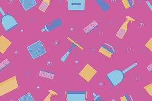 sömlös mönster på en rosa bakgrund från rengöring verktyg. hushåll objekt för rengöring och tvättning. trasor, mopp, tvål, borsta, hink, fönster rengöringsmedel. vektor