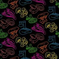 ljus kontur mönster med flerfärgad svamp. färgrik illustration av svamp, ljus psychedelic färger på en svart bakgrund. konturerad sömlös textur för utskrift på textilier och papper vektor