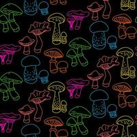 hell Kontur Muster mit Pilze. bunt Illustration mit essbar Pilze, hell psychedelisch Farben auf ein schwarz Hintergrund. konturiert nahtlos Textur zum Drucken auf Textilien und Papier vektor