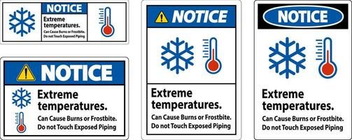 beachten Zeichen extrem Temperaturen, können Ursache brennt oder Erfrierung, tun nicht berühren ausgesetzt Rohrleitungen vektor