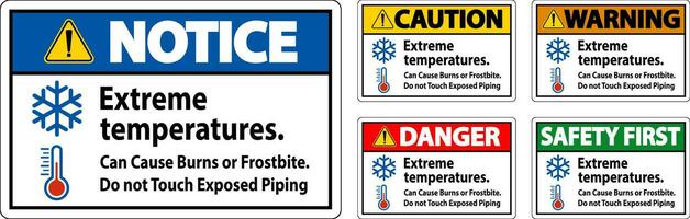 Vorsicht Zeichen extrem Temperaturen, können Ursache brennt oder Erfrierung, tun nicht berühren ausgesetzt Rohrleitungen vektor
