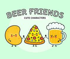 Niedlich, komisch glücklich Glas von Bier, Pizza und Chips. Vektor Hand gezeichnet Karikatur kawaii Figuren, Illustration Symbol. komisch glücklich Karikatur Glas von Bier Pizza Chips Maskottchen freunde