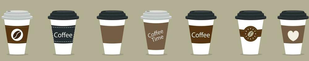 uppsättning av annorlunda hämtmat kaffe koppar för espresso, cappuccino, americano, latte, mocca, trendig dekorativ etiketter med kopia Plats för text. meny element, taggar. vektor illustration