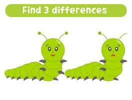 hitta tre skillnader. söt tecknad serie larv. kalkylblad för ungar. vektor
