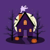 halloween besatt hus. läskigt landskap med violett hus, träd, pumpor, fladdermöss, spöke och stor måne. vektor platt illustration på lila bakgrund