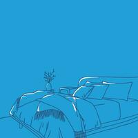 Blau Linie Kunst Illustration von ein Bett mit zwei Kissen vektor