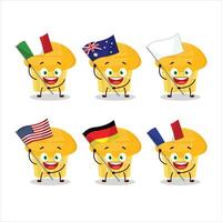 Käse Muffin Karikatur Charakter bringen das Flaggen von verschiedene Länder vektor