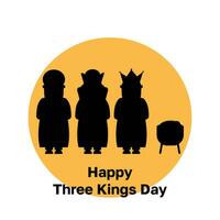 Lycklig uppenbarelse dag. kristen festival. silhuett av de tre kungar föra gåvor till Jesus. platt vektor illustration. svart, gul och vit färger.