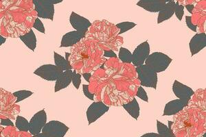 blommig sömlös mönster av ro och löv i korall, rosa, mörk grå färger vektor