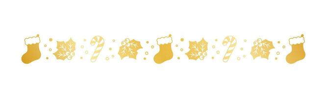 Gold Weihnachten thematisch dekorativ Rand und Text Teiler, Weihnachten Strumpf, Süßigkeiten Stock und Mistel Muster Silhouette. Vektor Illustration.