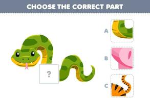 Bildung Spiel zum Kinder wählen das richtig Teil zu Komplett ein süß Karikatur Schlange Bild druckbar Tier Arbeitsblatt vektor
