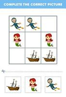 Bildung Spiel zum Kinder Komplett das richtig Bild von ein süß Karikatur Wrack Schiff Meerjungfrau und Taucher druckbar unter Wasser Arbeitsblatt vektor