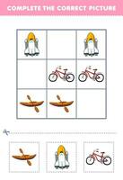 utbildning spel för barn komplett de korrekt bild av en söt tecknad serie kajak rymdskepp och cykel tryckbar transport kalkylblad vektor