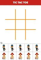 Bildung Spiel zum Kinder tic tac Zehe einstellen mit süß Karikatur Polizei und Feuerwehrmann Bild druckbar Beruf Arbeitsblatt vektor