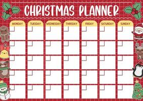 Vektor Weihnachten monatlich Planer mit traditionell Urlaub Symbole. süß Winter Kalender oder Zeitplan zum Kinder. Neu Jahr Poster mit süß kawaii Santa Klaus, Schneemann, Tanne Baum, tragen, Reh, Pinguin