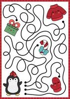 Weihnachten Matze zum Kinder. Winter Urlaub Vorschule druckbar Aktivität mit süß kawaii Pinguin, Pullover, Fäustling, gegenwärtig, Süßigkeiten Stock. Neu Jahr Labyrinth Spiel oder Puzzle mit süß Zeichen vektor