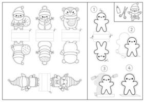 vektor svart och vit jul papper dockor uppsättning. söt linje finger dockor eller pommes frites med santa claus, snögubbe, älva, Björn för ungar. vinter- Semester skära ut hantverk kort. ny år färg sida