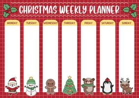 Vektor Weihnachten wöchentlich Planer mit traditionell Urlaub Symbole. süß Winter Kalender oder Zeitplan zum Kinder. Neu Jahr Poster mit süß kawaii Santa Klaus, Schneemann, Tanne Baum, tragen, Reh, Pinguin