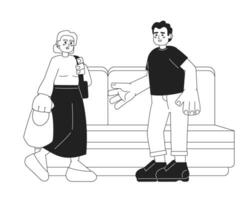 Mann geben oben Sitz zu Senior Frau schwarz und Weiß 2d Karikatur Figuren. Angebot Zug Sitz zu Alten auf Transport isoliert Vektor Gliederung Personen. gut Sitten und Bräuche monochromatisch eben Stelle Illustration