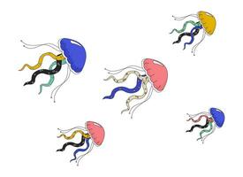 Schwarm Qualle Schwimmen zusammen 2d linear Karikatur Objekt. Gruppe von Gelee Meduse schwebend isoliert Linie Vektor Element Weiß Hintergrund. Meer Kreaturen unter Wasser Farbe eben Stelle Illustration