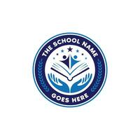 Schule Logo mit Hand, Buch, Schüler und Star mit minimalistisch Stil vektor