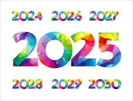 uppsättning av färgrik tal från 2024 till 2030. kreativ ikoner 2025, 2026, 2027, 2028 och 2029. kalender eller planerare titel. företag begrepp. isolerat färgade textur. blå, röd, lila, gul och grön. vektor