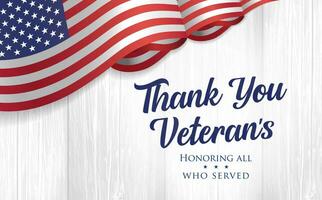 tacka du veteraner, hälsning kort med oss flagga och trä- bakgrund vektor